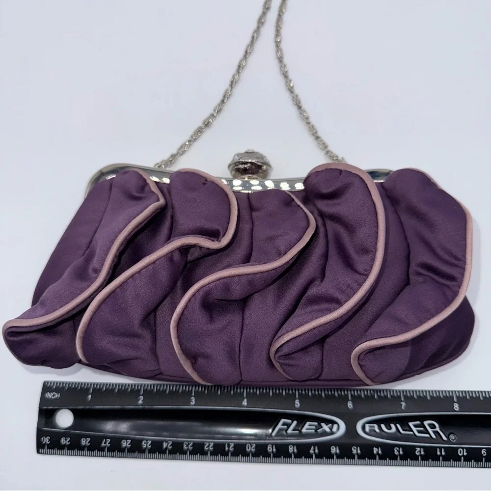 Dollhouse Satin Ruffled Front Jeweled Kiss-Lock Purple Handbag ClutchFormal Prom